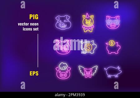 Pig neon signs set Stock Vector