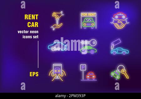 Car rent neon signs set Stock Vector