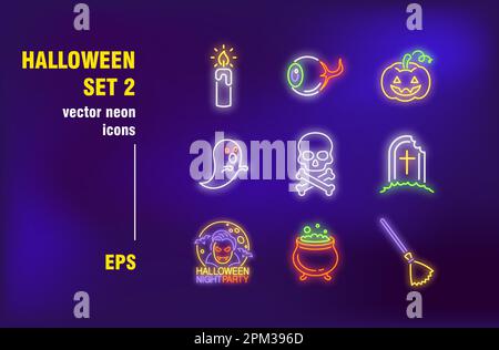 Halloween party neon signs set Stock Vector