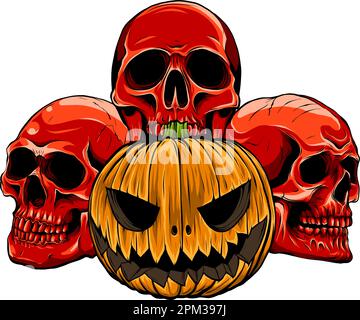 halloween pumpkins with piles of skulls very scary Stock Vector