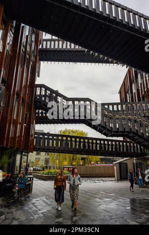 Camden Town, London, UK: Hawley Wharf, part of Camden Market. Overhead walkways connecting two of the buildings Stock Photo