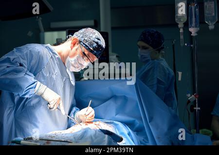 A team of surgeons in the oncological operating room, the fight against ancology, the hard work of professional doctors, the operation of the sarcoma Stock Photo