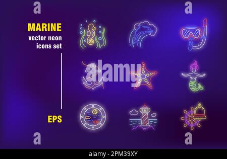 Marine neon signs set Stock Vector