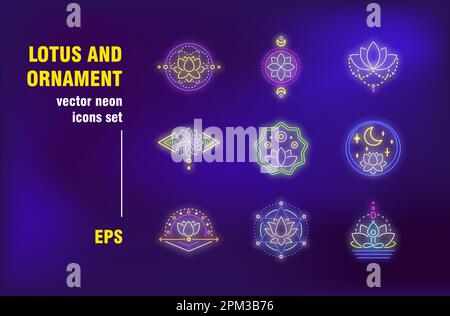 Lotus flower neon signs set Stock Vector