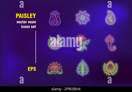 Paisley neon signs set Stock Vector