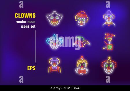 Clowns neon signs set Stock Vector