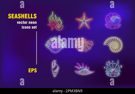 Seashells neon signs set Stock Vector