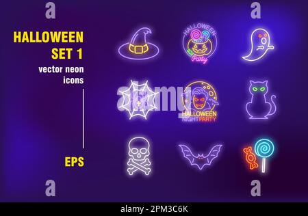 Halloween neon signs set Stock Vector