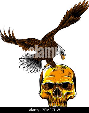 vector illustration of Eagle on human Skull hand draw Stock Vector