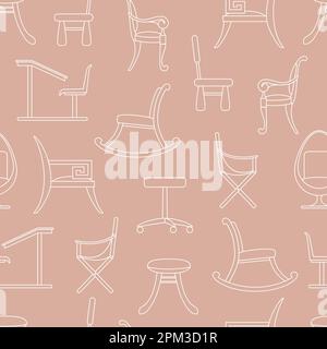 Chairs and armchairs seamless pattern. White interior items on boho pink background. Different types of armchair, furniture. Computer, children, campi Stock Vector