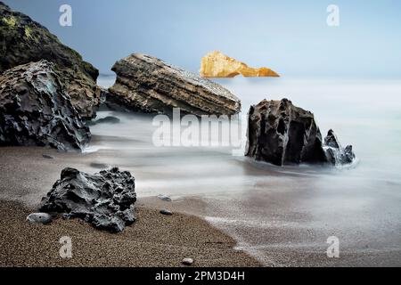 Rocks on the beach, Biarritz, Aquitaine, Basque Country, France Stock Photo