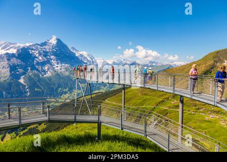 First Cliff Walk walkway, an aerial panoramic viewing platform in Grindelwald-First, Jungfrau region, Bernese Oberland, Switzerland and Eiger views Stock Photo