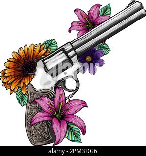 Revolver and flowers vector illustration on white background Stock Vector