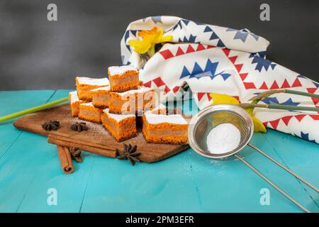 Apple cake pieces, red dough made with tomato paste. side view close up Stock Photo