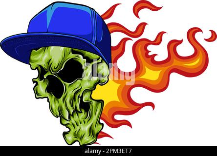 skull head with hip pop hat and flames. vector illustration of digita design Stock Vector