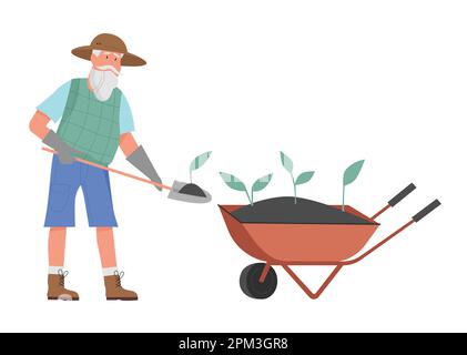 Gardener man with wheelbarrow. Farmer planting sprouts, farming occupation vector illustration Stock Vector