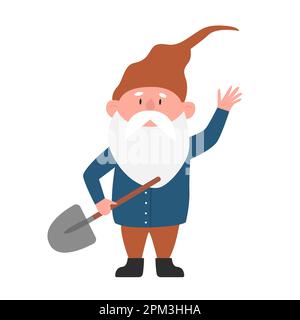 Cute gnome with shovel. Gnome gardening, magic dwarf farming vector illustration Stock Vector