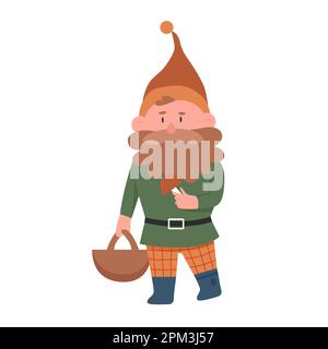 Gnome with mushroom. Dwarf with basket, forest fairytale character vector illustration Stock Vector