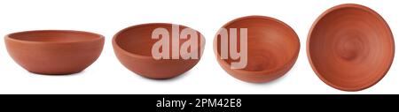 set of empty clay pot or bowl isolated on white background, earthenware containers used to store, cook food and decorative purposes in different angle Stock Photo