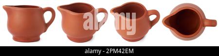 set of empty teapot or coffee pot isolated on white background, earthenware containers used to store, cook food and decorative purposes Stock Photo