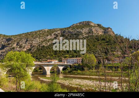 Landscape of the village of Anduze and the river Gardon, in the Cévennes, in Gard, Occitanie, France Stock Photo