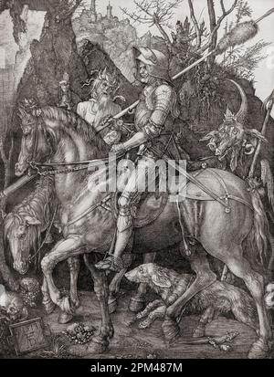 Knight, Death, and the Devil, after the work by Albrecht Dürer, 1471 – 1528,  sometimes spelled in English as Durer.  German painter, printmaker, and theorist of the German Renaissance.  From Albrecht Dürer, Sein Leben und eine Auswahl seiner Werke or His life and a selection of his works, published 1928. Stock Photo