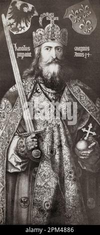 Emperor Charlemagne 1513, after the work by Albrecht Dürer, 1471 – 1528,  sometimes spelled in English as Durer.  German painter, printmaker, and theorist of the German Renaissance.  Charlemagne aka Charles the Great, 747 - 814. Member of the Carolingian dynasty, King of the Franks from 768, King of the Lombards from 774, and the Emperor of the Romans.  From Albrecht Dürer, Sein Leben und eine Auswahl seiner Werke or His life and a selection of his works, published 1928. Stock Photo