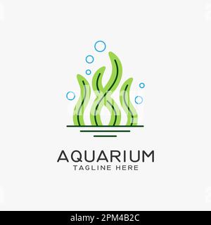 Aquarium logo design with seaweed lines Stock Vector