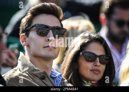 George RUSSELLL with his girlfriend Carmen MONTERO MUNDT during the Rolex Monte-Carlo, ATP Masters 1000 tennis event on April 11, 2023 at Monte-Carlo Country Club in Roquebrune Cap Martin, France - Photo: Matthieu Mirville/DPPI/LiveMedia Stock Photo