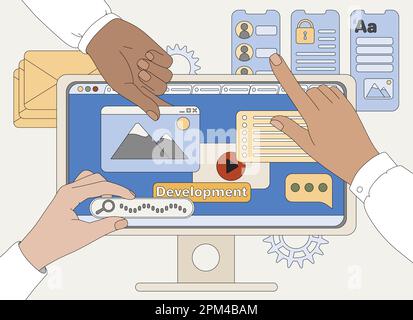 Flat vector hands of programmers working on website, banner, coding web page or mobile app. Team of designers create ux design, holding ui template. Cms development. Landing page and research concept. Stock Vector