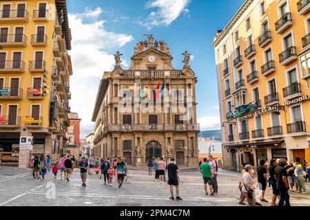 PAMPLONA, Spain - July 04 2022: City center of Pamplona few day before the famous celebration SAN FERMIN. View of Consistorial Square and Town Hall Stock Photo