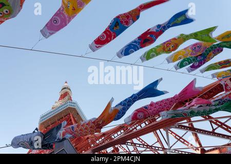 Some of the 333 Koinobori, or Carp streamers, on display at Tokyo Tower ahead of Children's Day celebration. Children's day is a national holiday in Japan celebrated on May 5th. Originally a day for wishing male children both happiness and health it is now a day celebrating all children. At this time of year traditional Koinobori (carp flags or streamers) are flown from homes with each flag representing a member of the family. Stock Photo