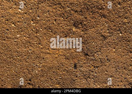 Brown background of cracked clay, sand, plaster interspersed with light grains of sand. Natural background for your photos Stock Photo