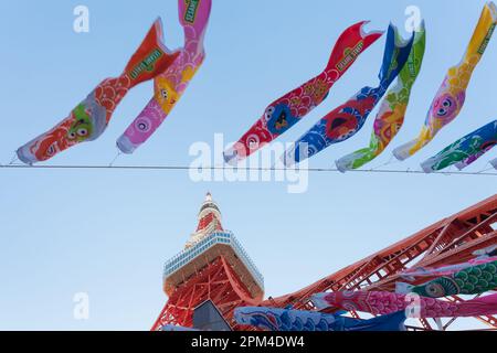 Tokyo, Japan. 9th Apr, 2023. Some of the 333 Koinobori, or Carp streamers, on display at Tokyo Tower ahead of Children's Day celebration. Children's day is a national holiday in Japan celebrated on May 5th. Originally a day for wishing male children both happiness and health it is now a day celebrating all children. At this time of year traditional Koinobori (carp flags or streamers) are flown from homes with each flag representing a member of the family. (Credit Image: © Damon Coulter/SOPA Images via ZUMA Press Wire) EDITORIAL USAGE ONLY! Not for Commercial USAGE! Stock Photo