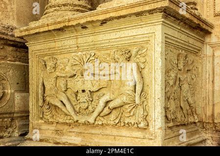 Carved figures in stone on the exterior of Almeria Cathedral or Cathedral of the Incarnation of Almería, Catedral de la Encarnación de Almería Spain. Stock Photo