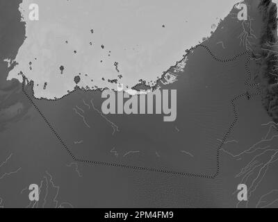 Abu Dhabi, emirate of United Arab Emirates. Grayscale elevation map with lakes and rivers Stock Photo