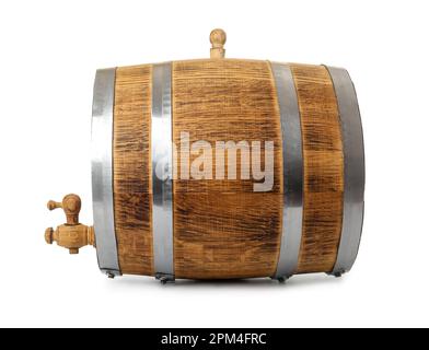 Oak barrel with metal hoops and tap isolated on white background Stock Photo