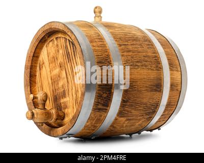 Oak barrel with metal hoops and tap isolated on white background Stock Photo