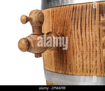 Oak barrel with metal hoops and tap isolated on white background Stock Photo