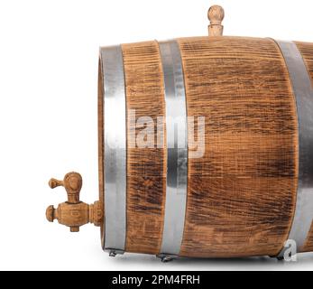 Oak barrel with metal hoops and tap isolated on white background Stock Photo