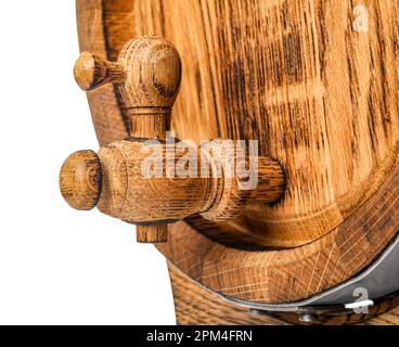 Oak barrel with metal hoops and tap isolated on white background Stock Photo