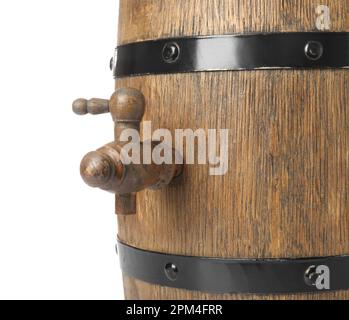 Oak barrel with metal hoops and tap isolated on white background Stock Photo