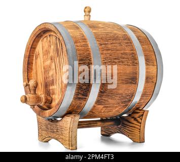 Oak barrel with metal hoops and tap isolated on white background Stock Photo