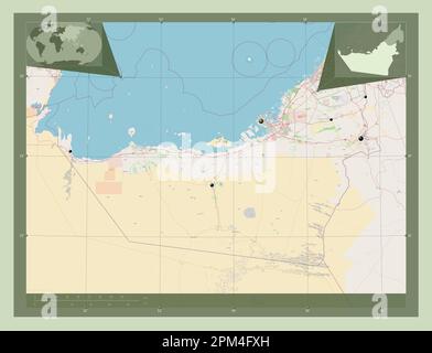 Abu Dhabi, emirate of United Arab Emirates. Open Street Map. Locations of major cities of the region. Corner auxiliary location maps Stock Photo