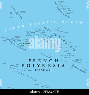 French Polynesia, political map. Overseas collectivity of France, and its sole overseas country, in the South Pacific Ocean, with 121 islands. Stock Photo