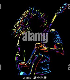 Man playing rock'n roll with guitar. Line art illustration. Stock Vector
