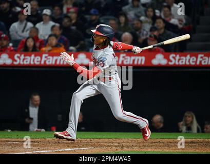 ANAHEIM, CA - APRIL 12: Washington Nationals shortstop CJ Abrams (5) swings  at a pitch during the MLB game between the Washington Nationals and the Los  Angeles Angels of Anaheim on April