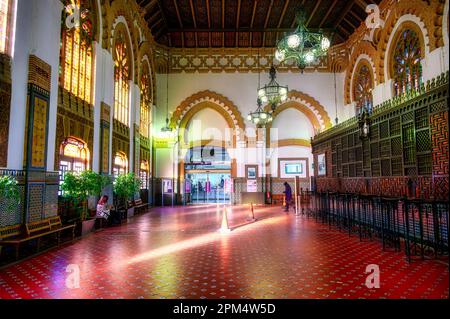 Wide angle view of the waiting room inside the old transportation building. Antique architecture of the Toledo AVE station. Stock Photo