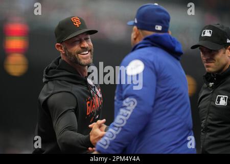 San Francisco Giants manager Gabe Kapler, left, greets Los Angeles Dodgers  manager Dave Roberts before a baseball game in San Francisco, Monday, April  10, 2023. (AP Photo/Jeff Chiu Stock Photo - Alamy