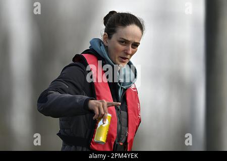 Waltham Cross. United Kingdom. 09 April 2023. British Canoeing GB selection races. Lee Valley White Water Centre. Waltham Cross. Mallory Franklin walks the course during the British Canoeing GB selection races at Lee Valley White Water Centre, United Kingdom. Stock Photo